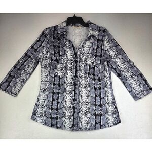 Don't Stop Believing Womens Snakeskin Print Button Up Shirt Grey Black Small